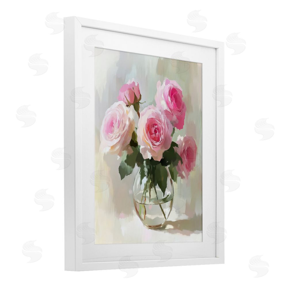 Petal Prints Design Glass Vase Pink Roses White Framed Print Under Glass with Mat Wall Art
