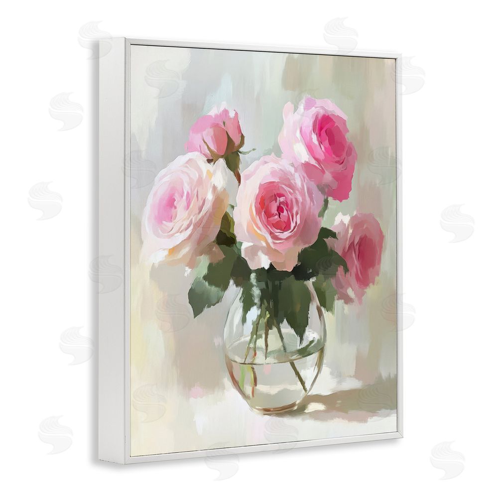 Petal Prints Design Glass Vase Pink Roses White Framed Giclee Wall Art Print