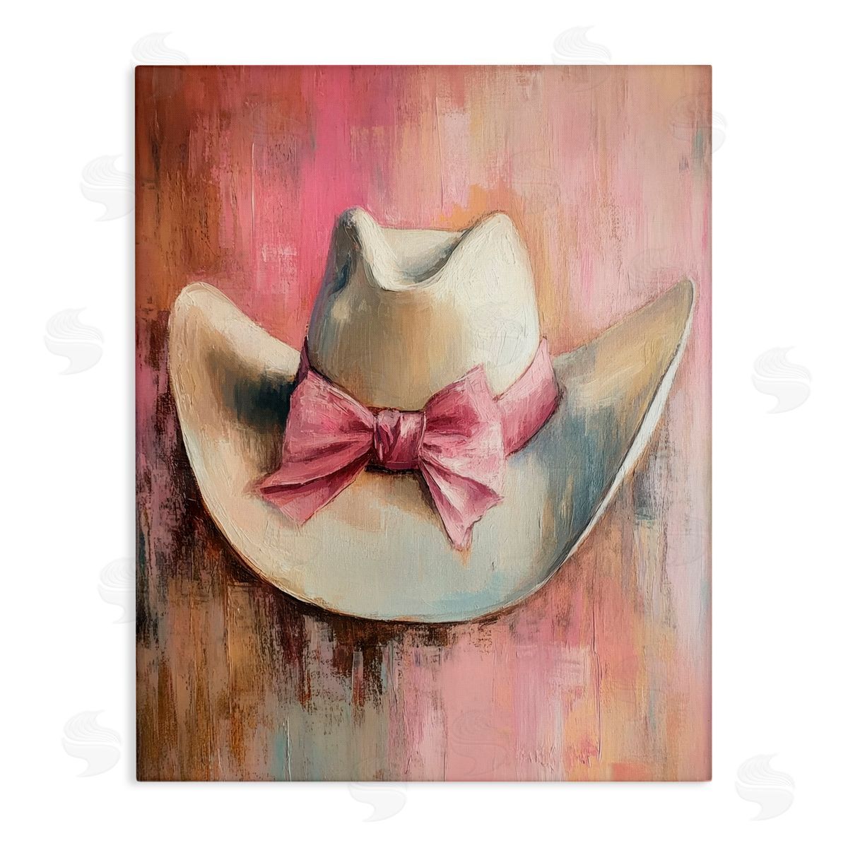Petal Prints Design Cowgirl Hat with Bow over Pink Canvas Wall Art Print