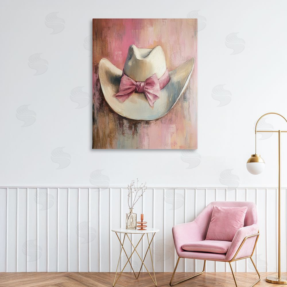 Petal Prints Design Cowgirl Hat with Bow over Pink Canvas Art on Wall