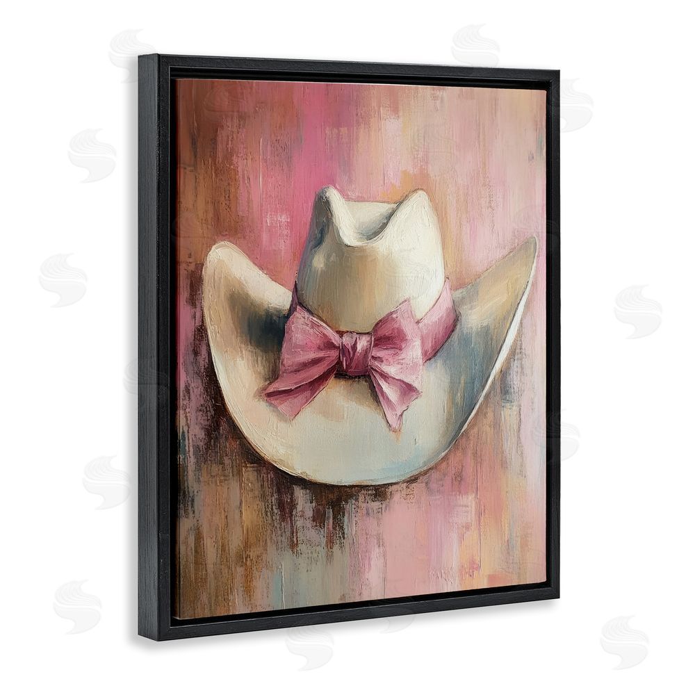 Petal Prints Design Cowgirl Hat with Bow over Pink Black Floating Frame Canvas Wall Art Print