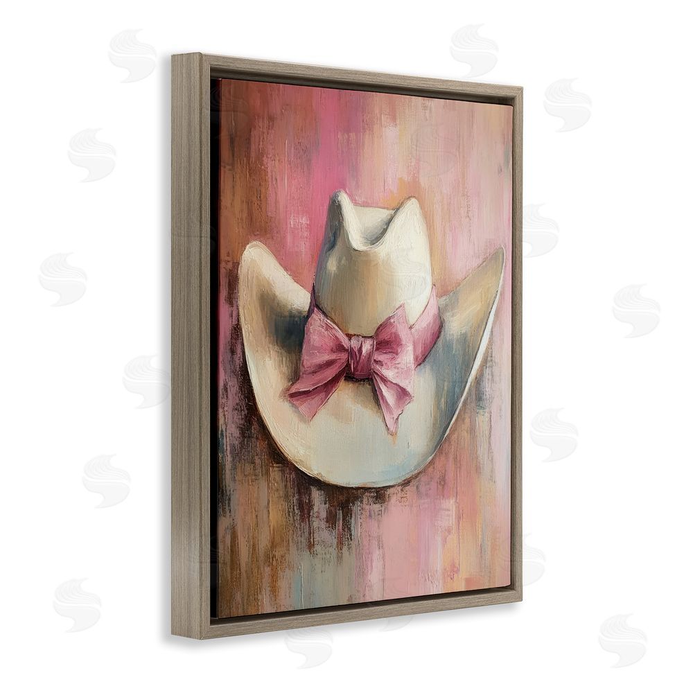 Petal Prints Design Cowgirl Hat with Bow over Pink Brown Floating Frame Canvas Wall Art Print