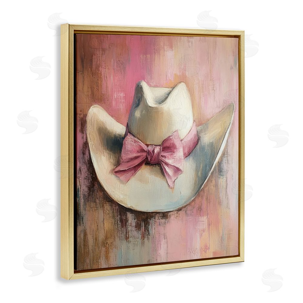 Petal Prints Design Cowgirl Hat with Bow over Pink Gold Floating Frame Canvas Wall Art Print