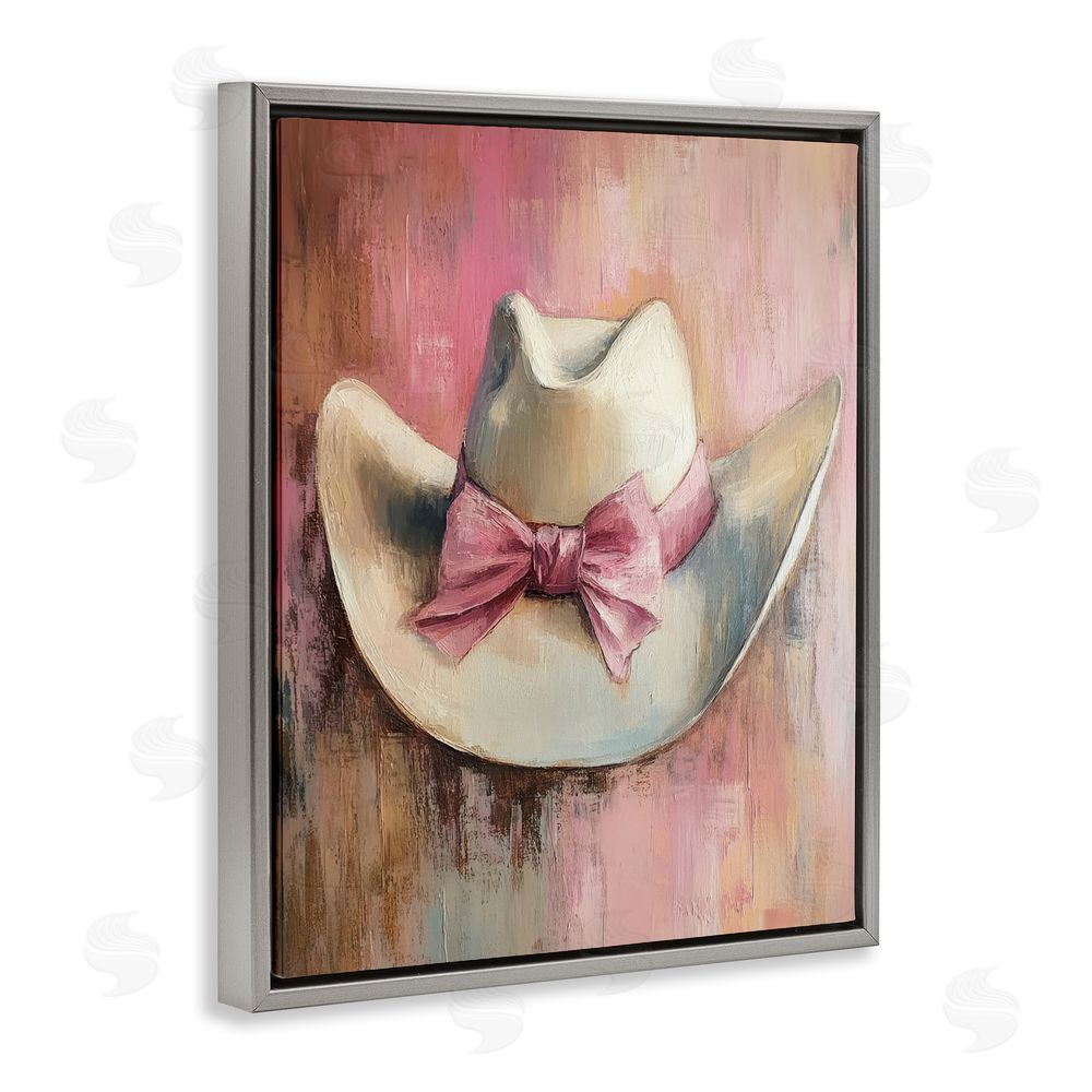 Petal Prints Design Cowgirl Hat with Bow over Pink Gray Floating Frame Canvas Wall Art Print