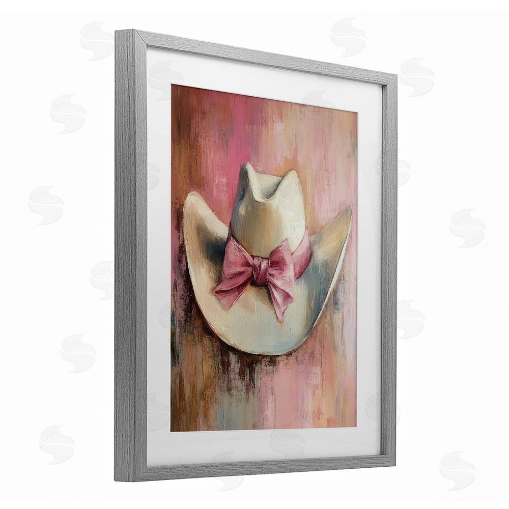 Petal Prints Design Cowgirl Hat with Bow over Pink Gray Framed Print Under Glass with White Mat Wall Art