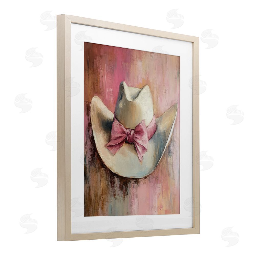 Petal Prints Design Cowgirl Hat with Bow over Pink Birch Framed Print Under Glass with White Mat Wall Art