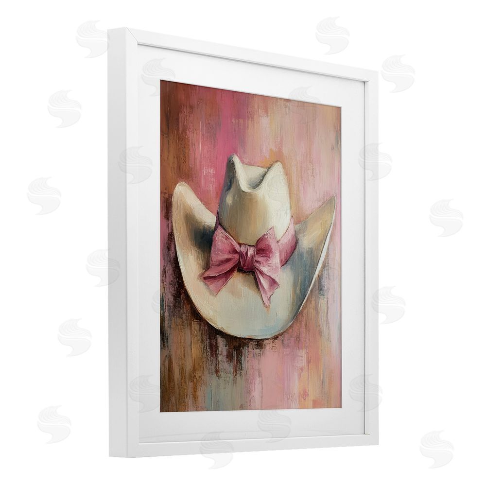 Petal Prints Design Cowgirl Hat with Bow over Pink White Framed Print Under Glass with Mat Wall Art