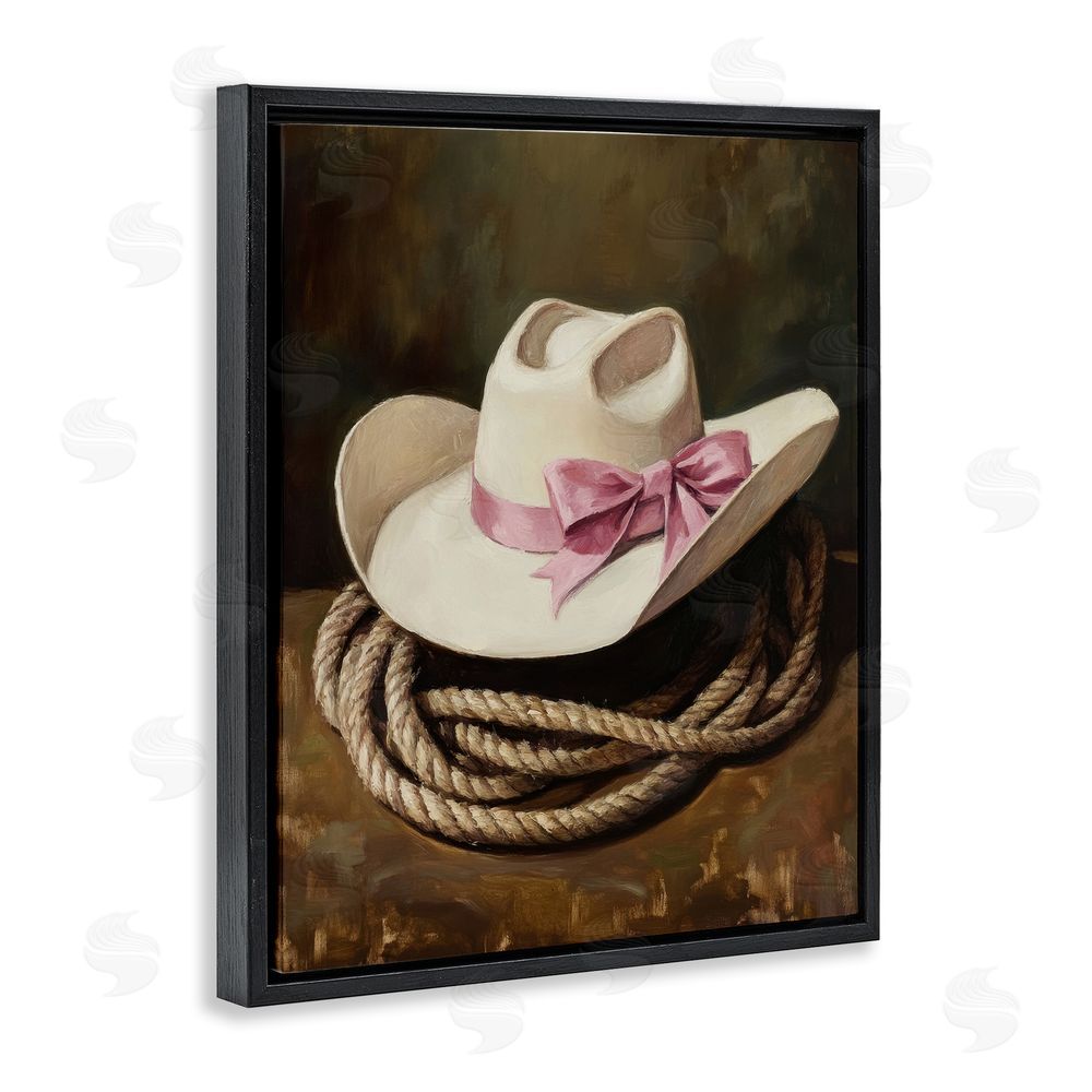 Petal Prints Design Cowgirl Hat Bow and Lasso Black Floating Frame Canvas Wall Art Print