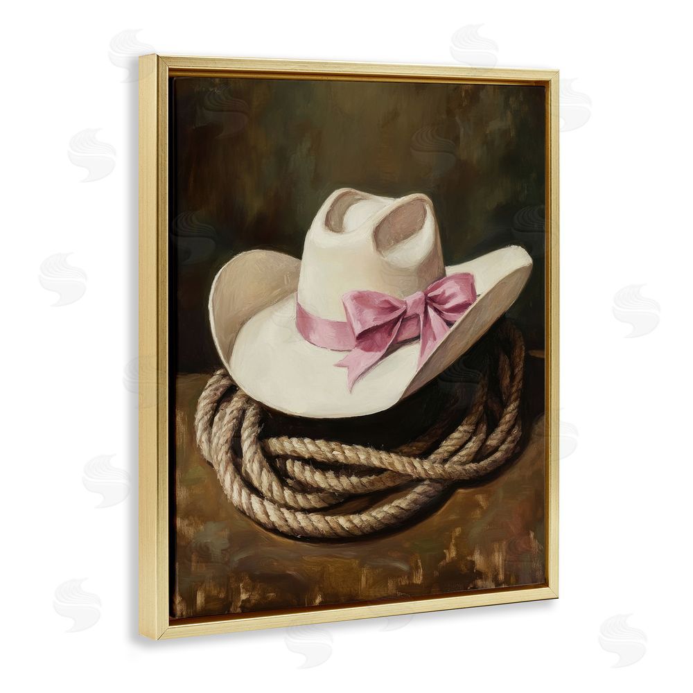 Petal Prints Design Cowgirl Hat Bow and Lasso Gold Floating Frame Canvas Wall Art Print