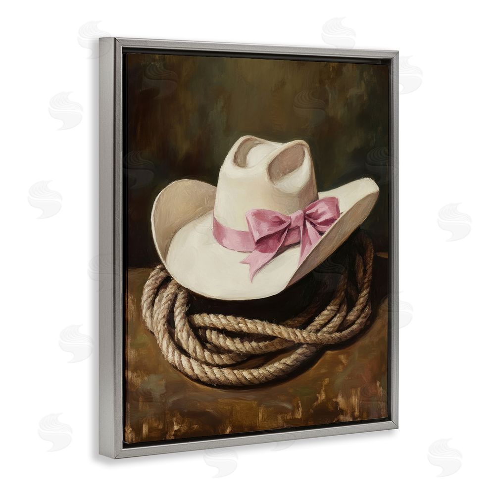 Petal Prints Design Cowgirl Hat Bow and Lasso Gray Floating Frame Canvas Wall Art Print