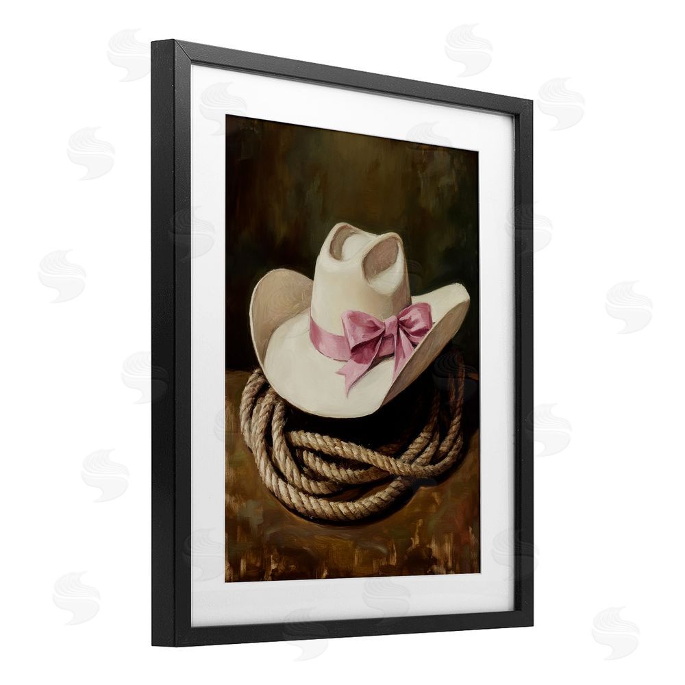 Petal Prints Design Cowgirl Hat Bow and Lasso Black Framed Print Under Glass with White Mat Wall Art