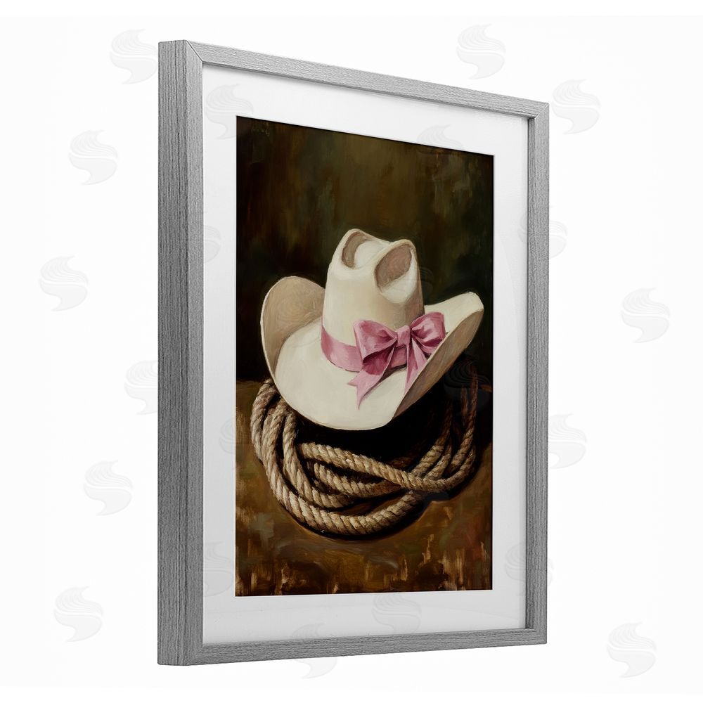 Petal Prints Design Cowgirl Hat Bow and Lasso Gray Framed Print Under Glass with White Mat Wall Art