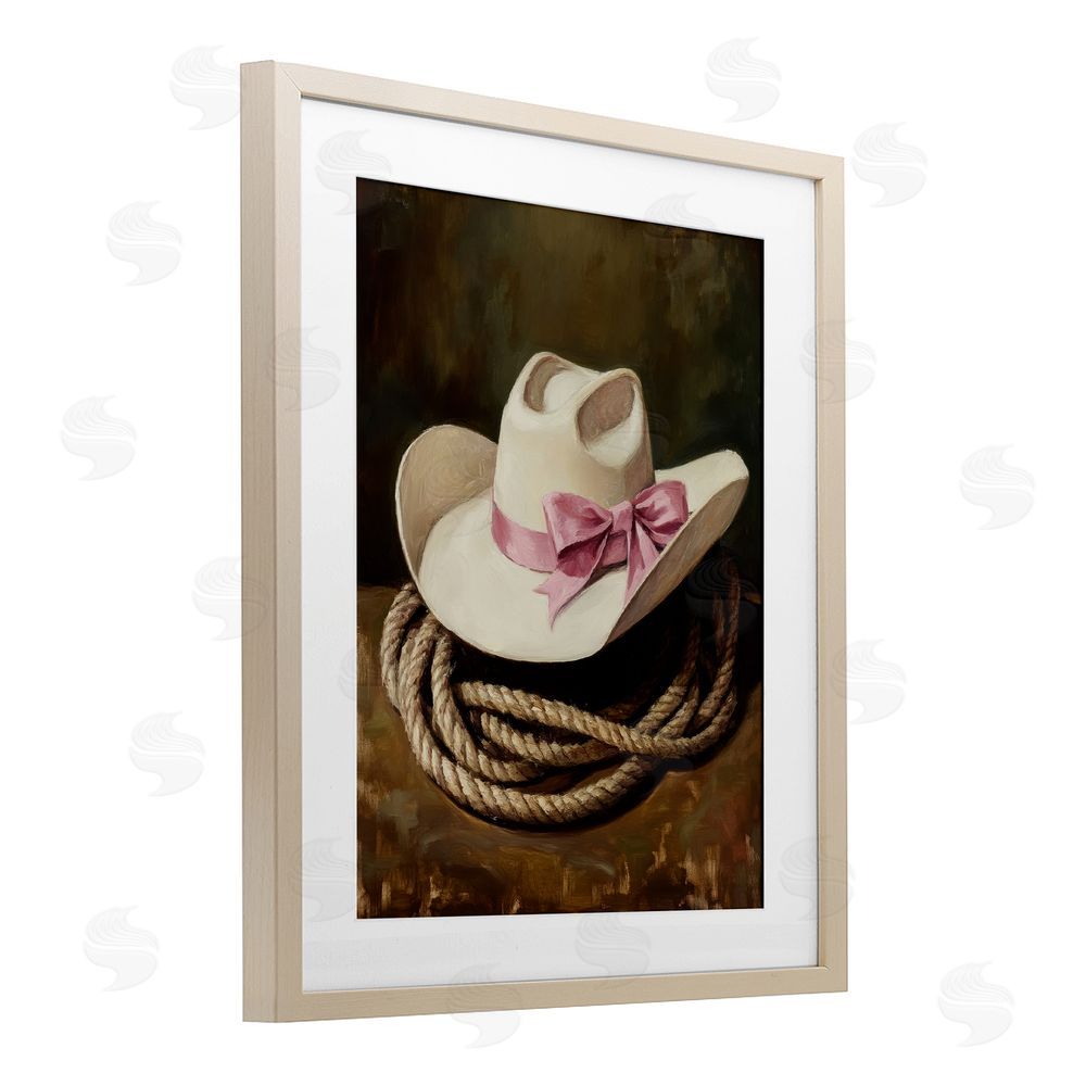 Petal Prints Design Cowgirl Hat Bow and Lasso Birch Framed Print Under Glass with White Mat Wall Art