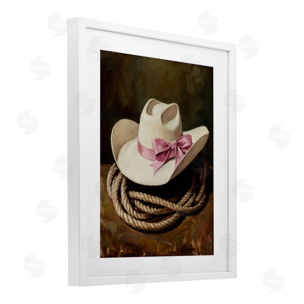 Petal Prints Design Cowgirl Hat Bow and Lasso White Framed Print Under Glass with Mat Wall Art