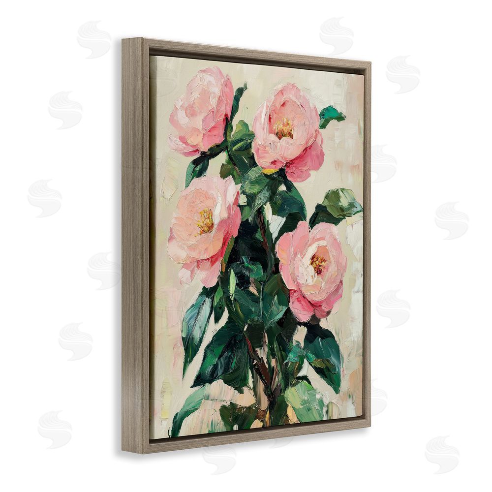 Petal Prints Design Painted Pink Poppies Blooming Brown Floating Frame Canvas Wall Art Print