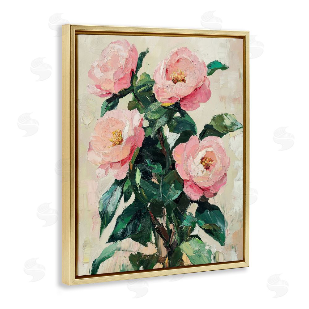 Petal Prints Design Painted Pink Poppies Blooming Gold Floating Frame Canvas Wall Art Print