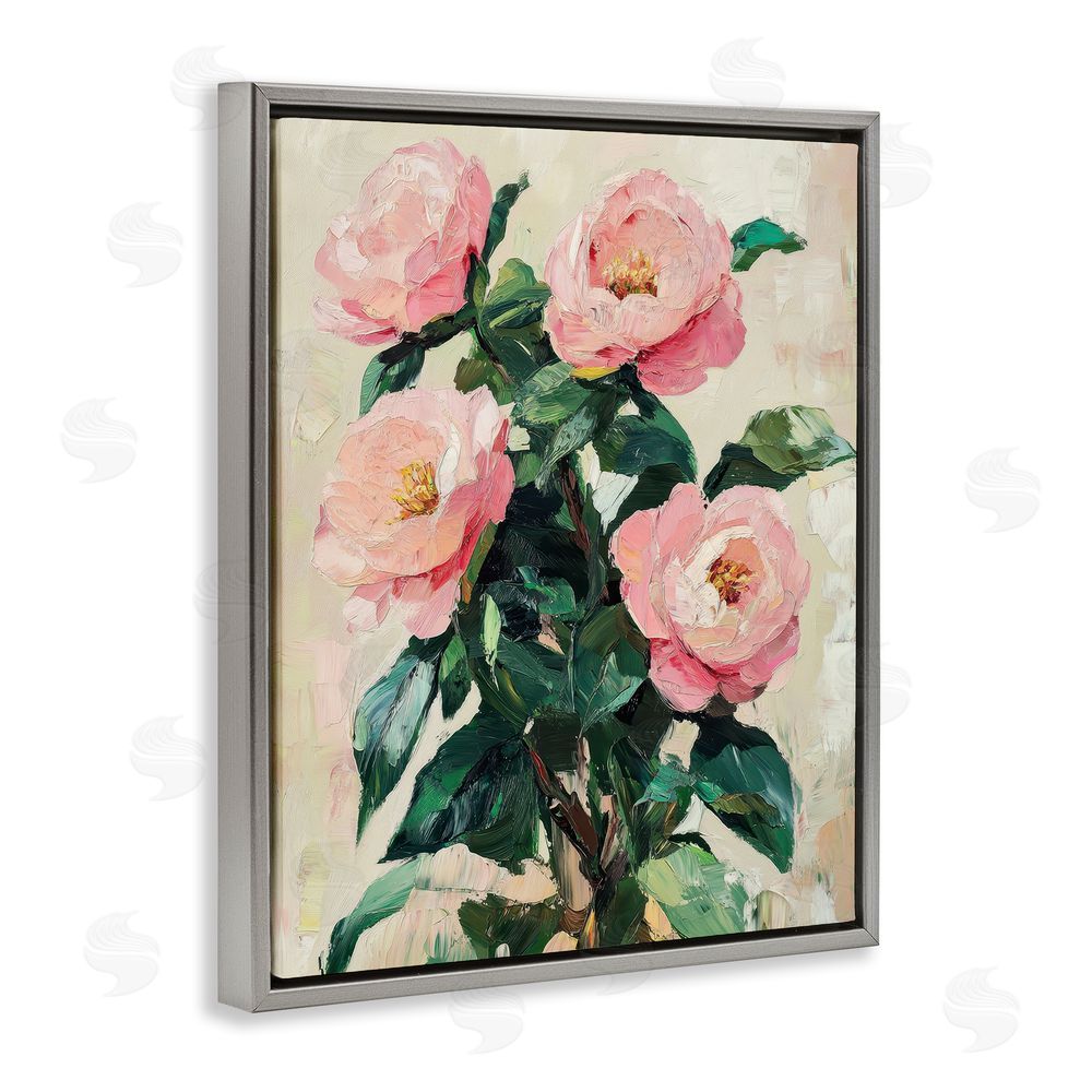 Petal Prints Design Painted Pink Poppies Blooming Gray Floating Frame Canvas Wall Art Print