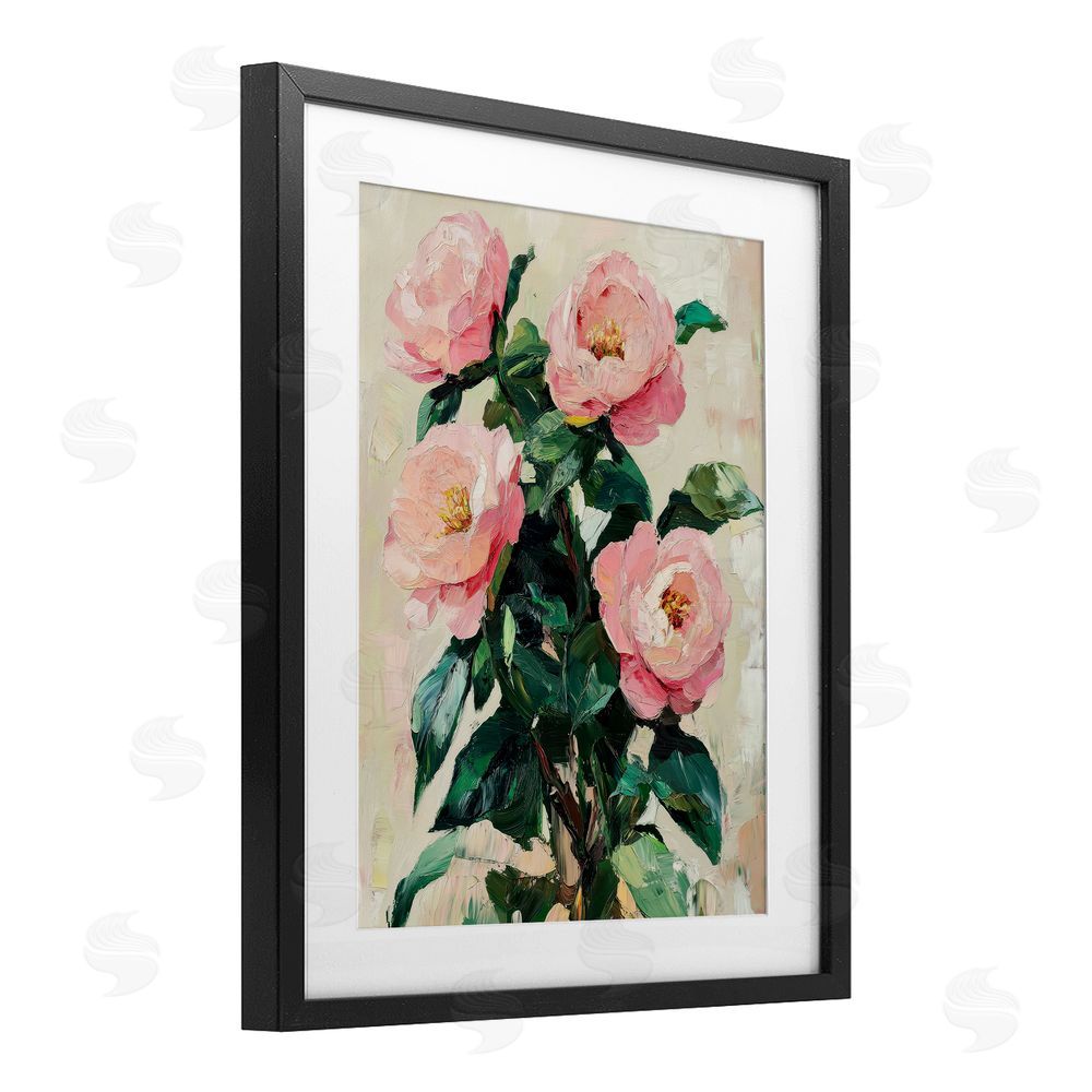 Petal Prints Design Painted Pink Poppies Blooming Black Framed Print Under Glass with White Mat Wall Art