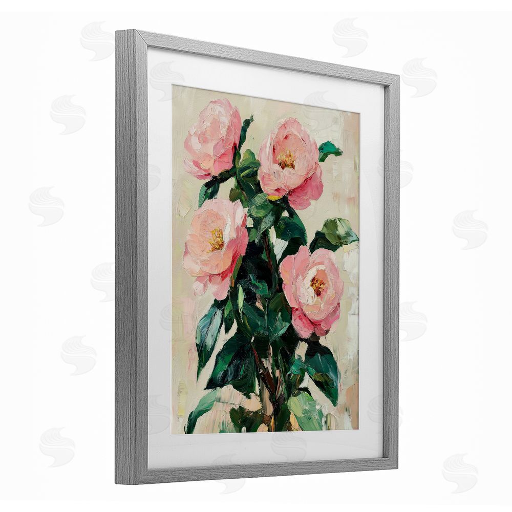 Petal Prints Design Painted Pink Poppies Blooming Gray Framed Print Under Glass with White Mat Wall Art