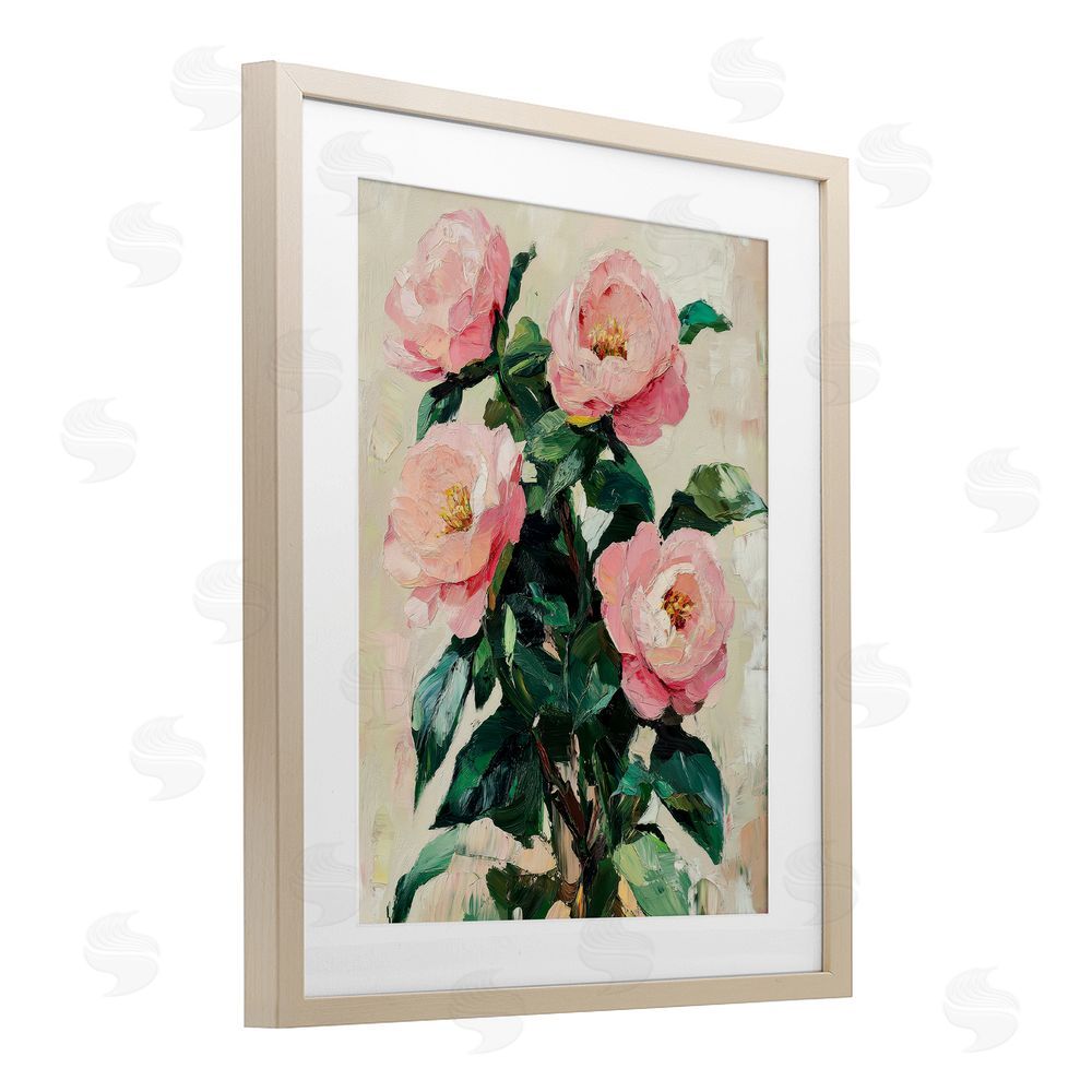 Petal Prints Design Painted Pink Poppies Blooming Birch Framed Print Under Glass with White Mat Wall Art