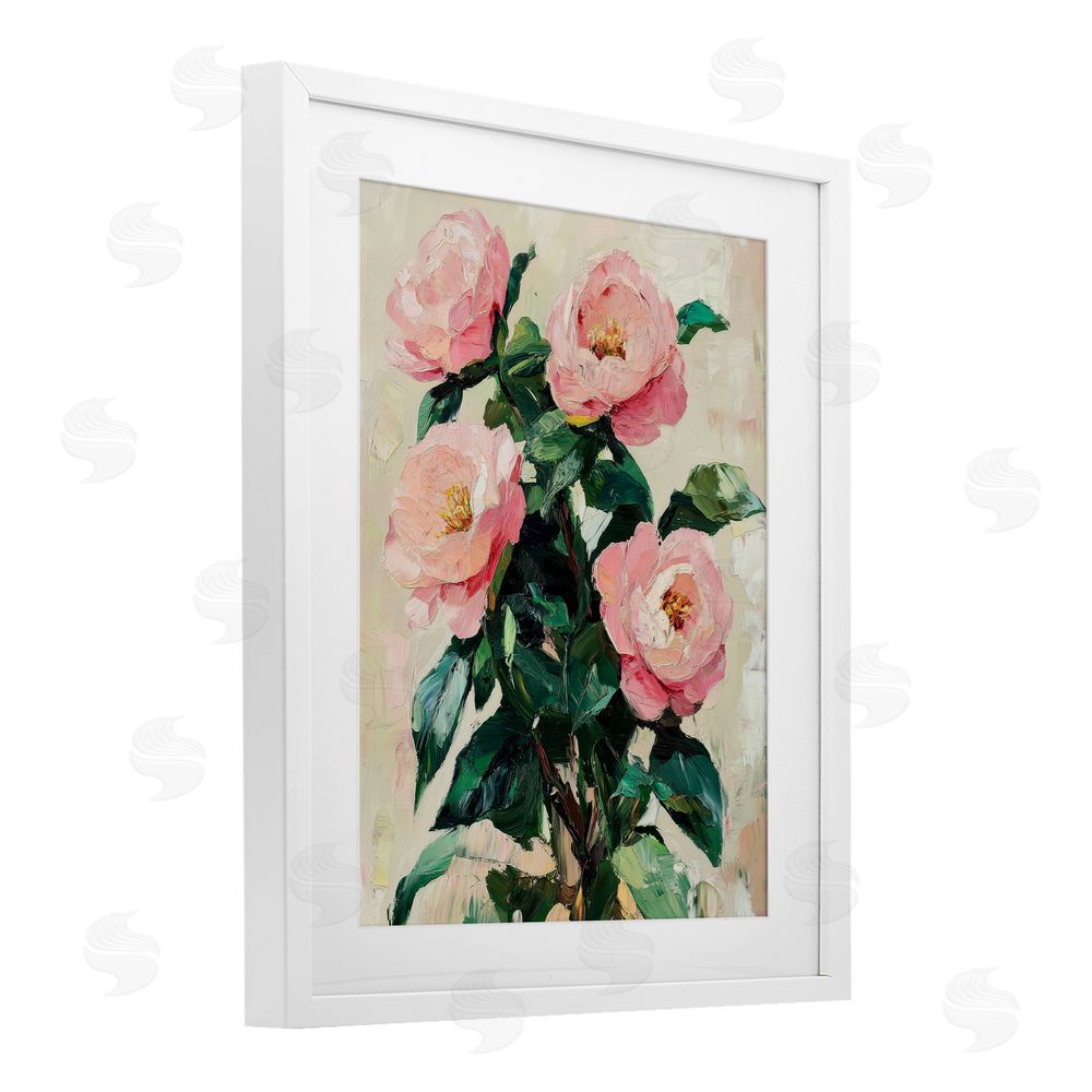 Petal Prints Design Painted Pink Poppies Blooming White Framed Print Under Glass with Mat Wall Art