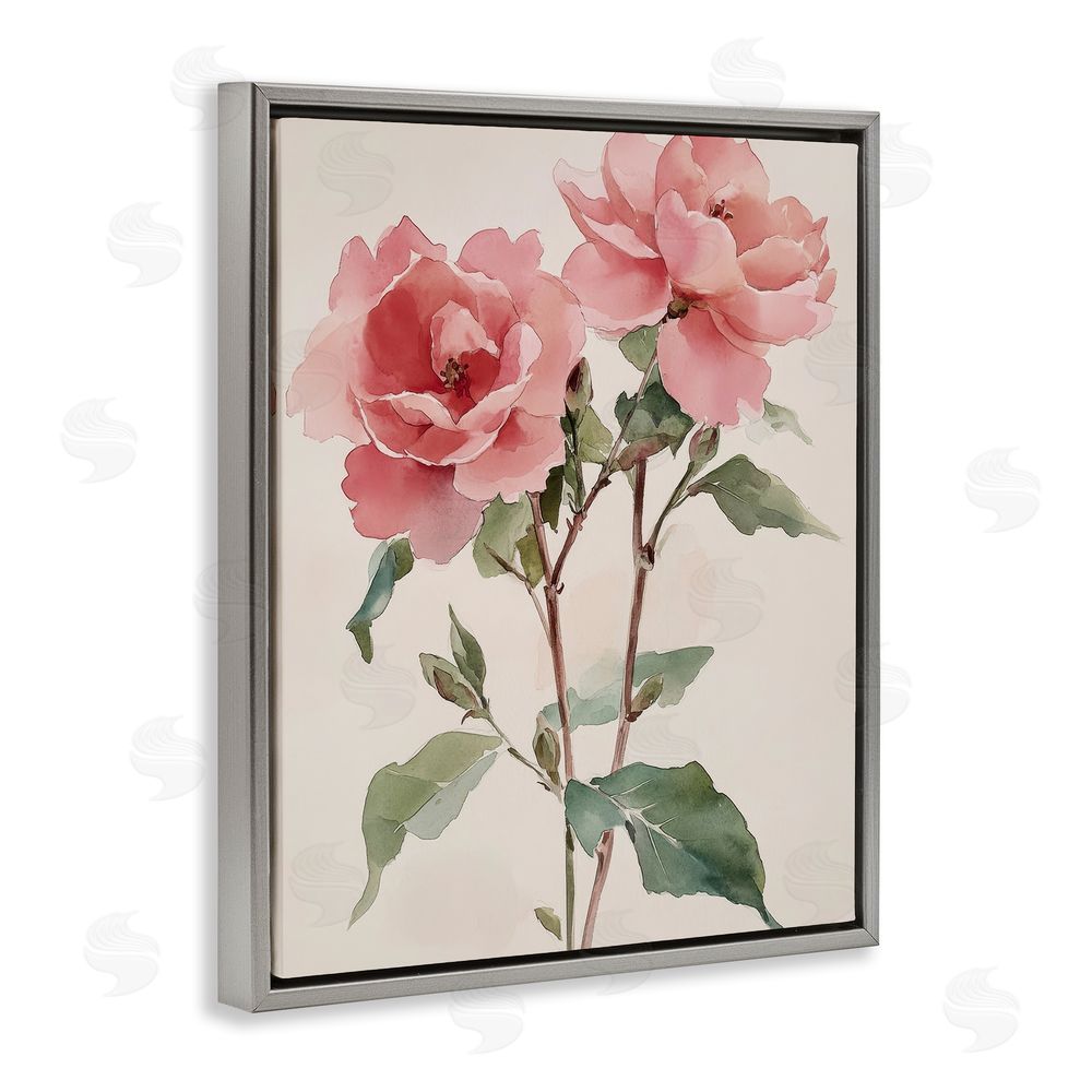 Petal Prints Design Watercolor Roses Pink Floras Gray Floating Frame Canvas Wall Art Print