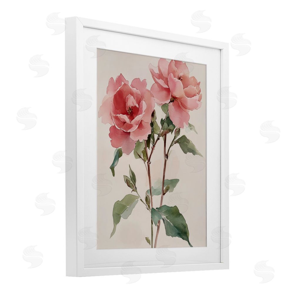Petal Prints Design Watercolor Roses Pink Floras White Framed Print Under Glass with Mat Wall Art