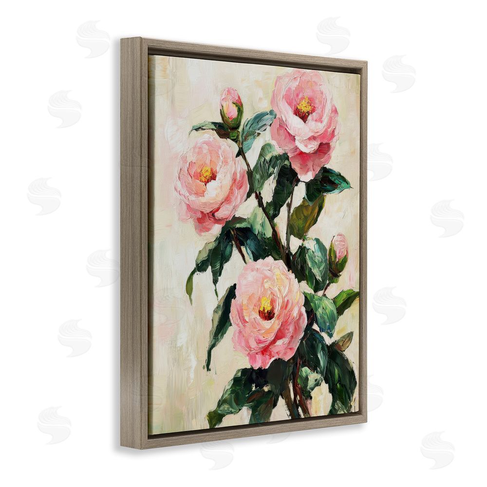 Petal Prints Design Painted Pink Poppies with Buds Brown Floating Frame Canvas Wall Art Print