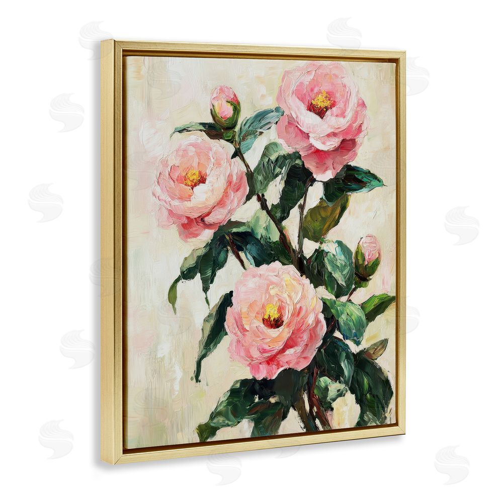 Petal Prints Design Painted Pink Poppies with Buds Gold Floating Frame Canvas Wall Art Print