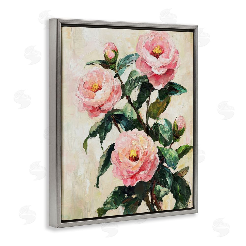 Petal Prints Design Painted Pink Poppies with Buds Gray Floating Frame Canvas Wall Art Print
