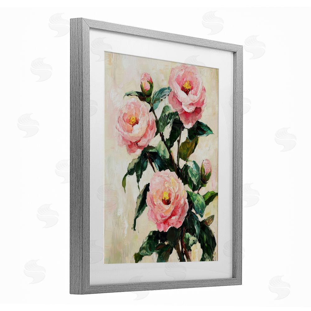 Petal Prints Design Painted Pink Poppies with Buds Gray Framed Print Under Glass with White Mat Wall Art
