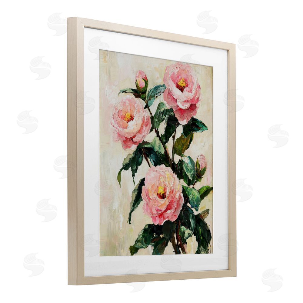 Petal Prints Design Painted Pink Poppies with Buds Birch Framed Print Under Glass with White Mat Wall Art