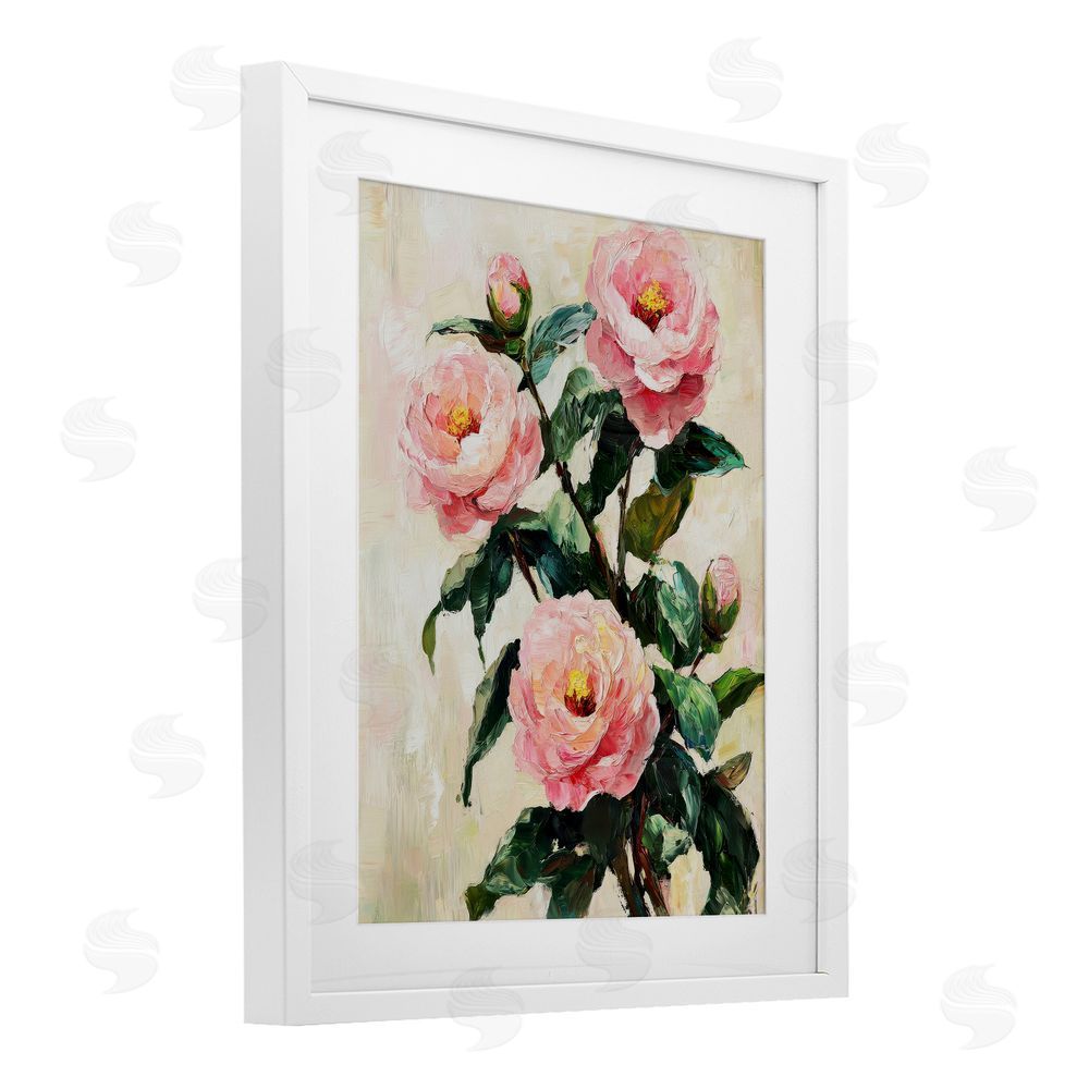 Petal Prints Design Painted Pink Poppies with Buds White Framed Print Under Glass with Mat Wall Art