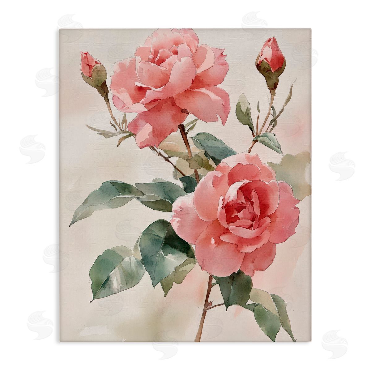 Petal Prints Design Pink Watercolor Roses and Buds Canvas Wall Art Print