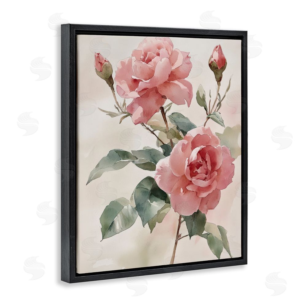 Petal Prints Design Pink Watercolor Roses and Buds Black Floating Frame Canvas Wall Art Print