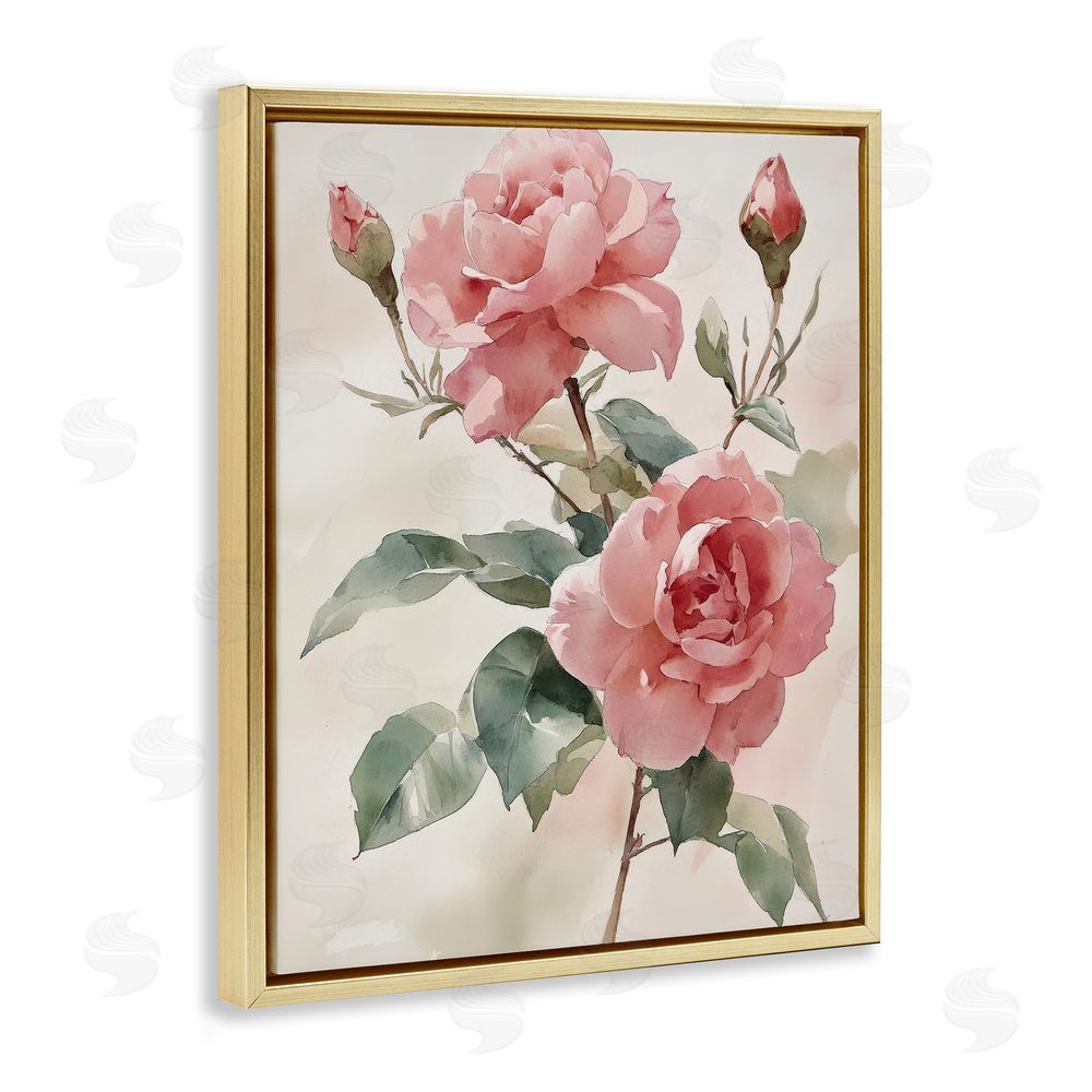 Petal Prints Design Pink Watercolor Roses and Buds Gold Floating Frame Canvas Wall Art Print