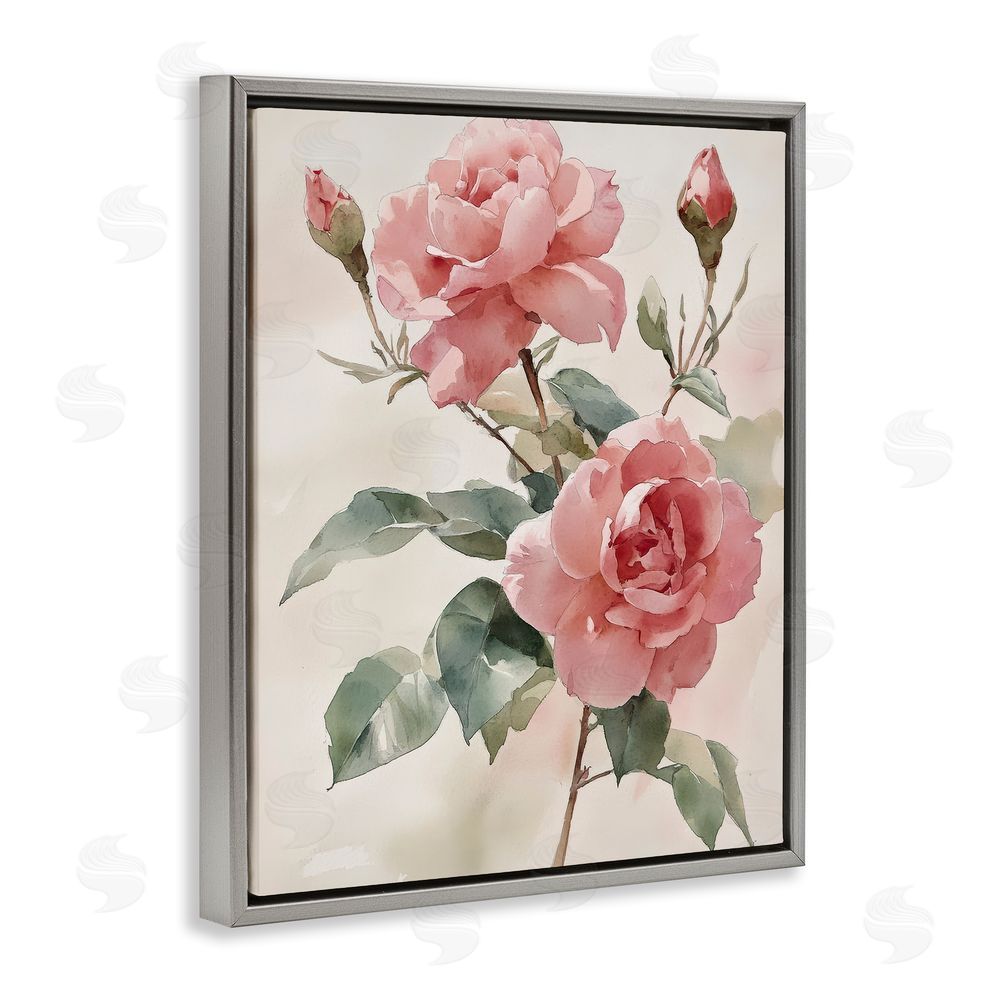 Petal Prints Design Pink Watercolor Roses and Buds Gray Floating Frame Canvas Wall Art Print