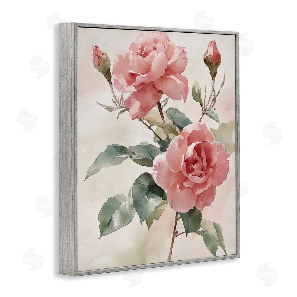 Petal Prints Design Pink Watercolor Roses and Buds Gray Framed Giclee Wall Art Print