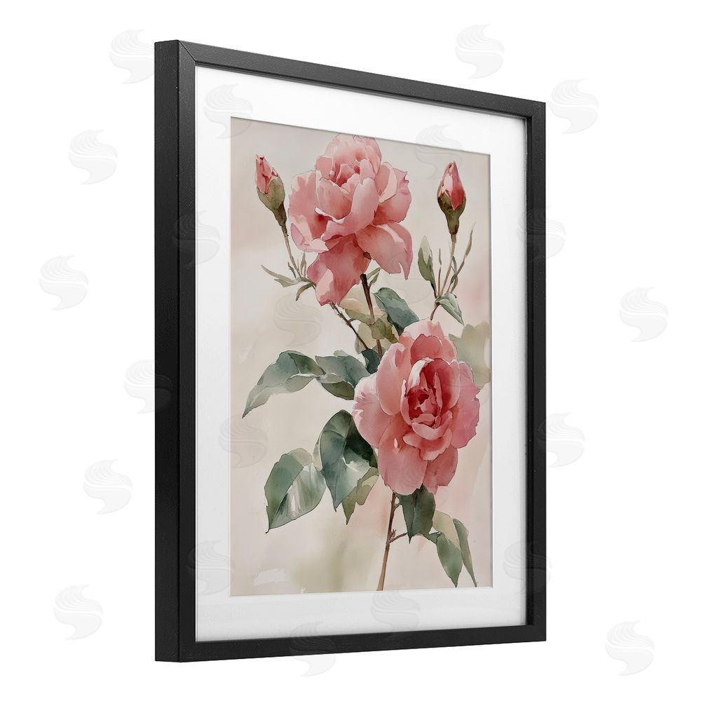 Petal Prints Design Pink Watercolor Roses and Buds Black Framed Print Under Glass with White Mat Wall Art