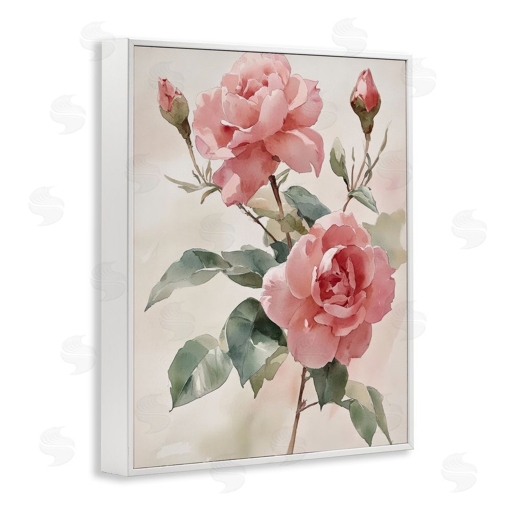 Petal Prints Design Pink Watercolor Roses and Buds White Framed Giclee Wall Art Print