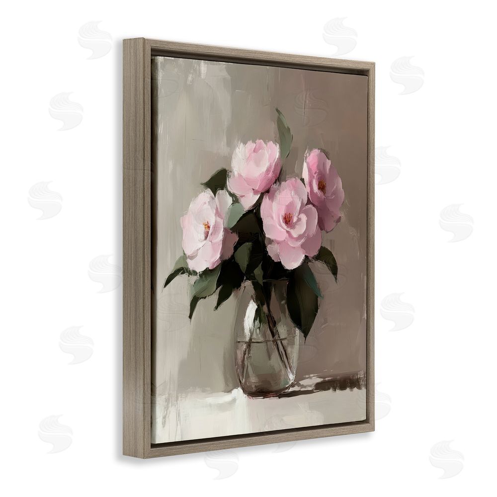 Petal Prints Design Painted Pink Floral Bouquet Brown Floating Frame Canvas Wall Art Print