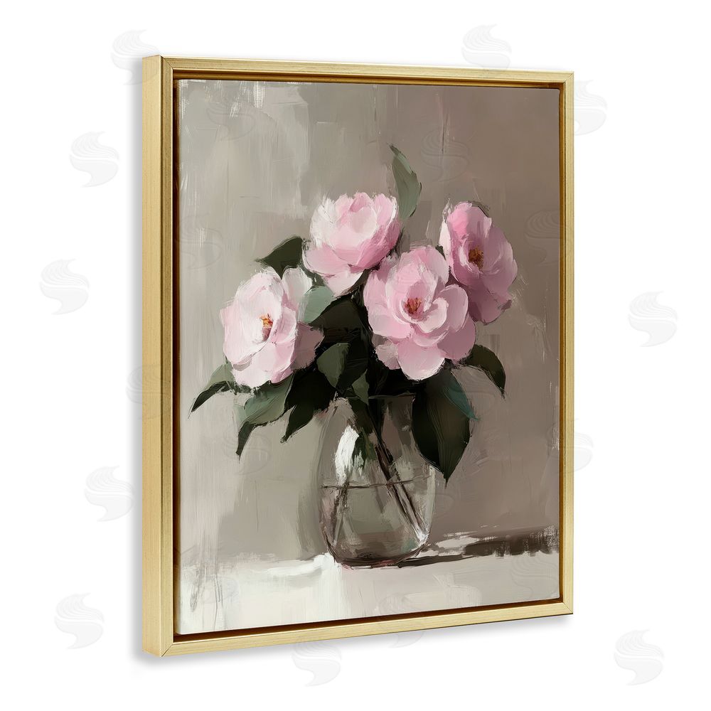 Petal Prints Design Painted Pink Floral Bouquet Gold Floating Frame Canvas Wall Art Print