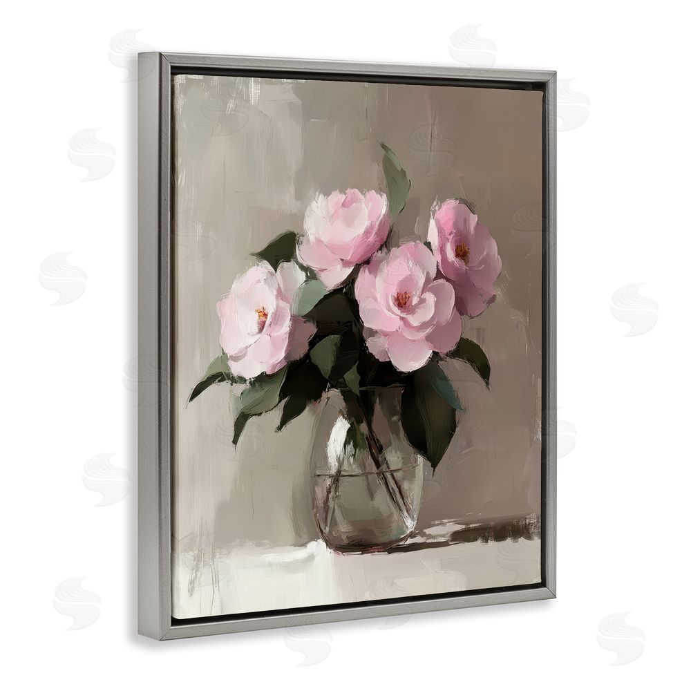 Petal Prints Design Painted Pink Floral Bouquet Gray Floating Frame Canvas Wall Art Print