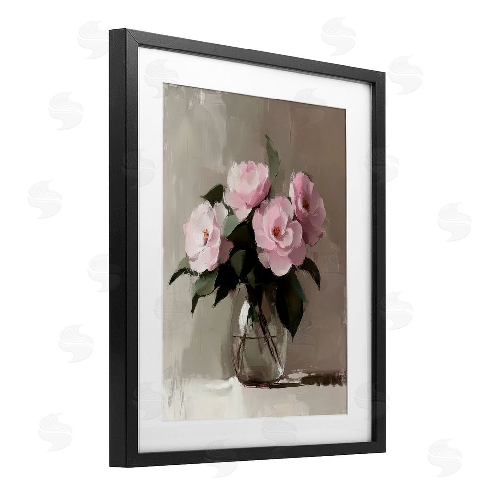 Petal Prints Design Painted Pink Floral Bouquet Black Framed Print Under Glass with White Mat Wall Art