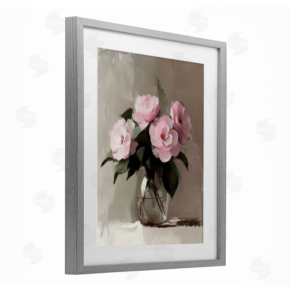 Petal Prints Design Painted Pink Floral Bouquet Gray Framed Print Under Glass with White Mat Wall Art