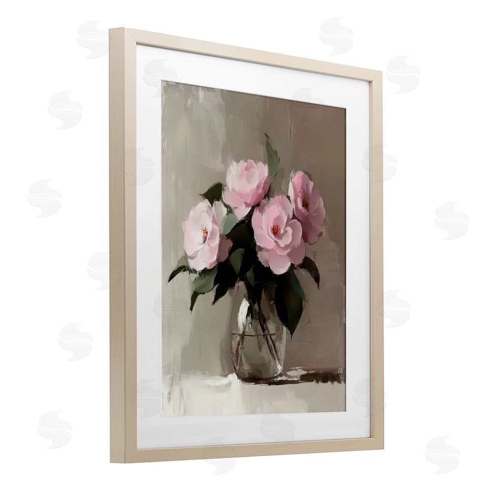 Petal Prints Design Painted Pink Floral Bouquet Birch Framed Print Under Glass with White Mat Wall Art