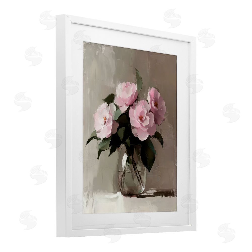 Petal Prints Design Painted Pink Floral Bouquet White Framed Print Under Glass with Mat Wall Art