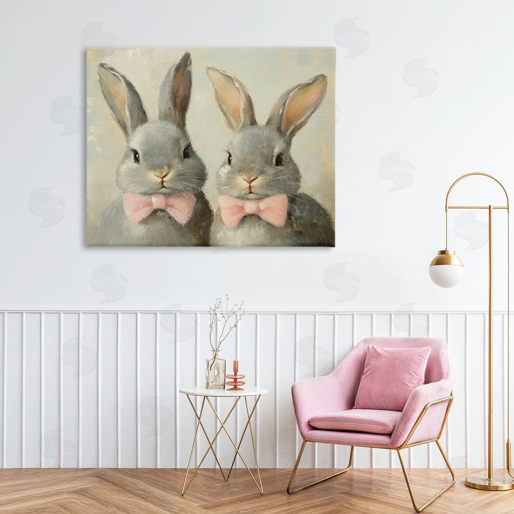 Petal Prints Design Pink Bowtie Bunny Pair Canvas Art on Wall