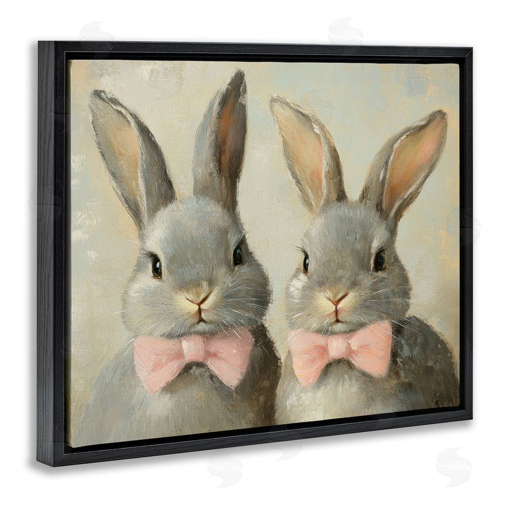 Petal Prints Design Pink Bowtie Bunny Pair Black Floating Frame Canvas Wall Art Print