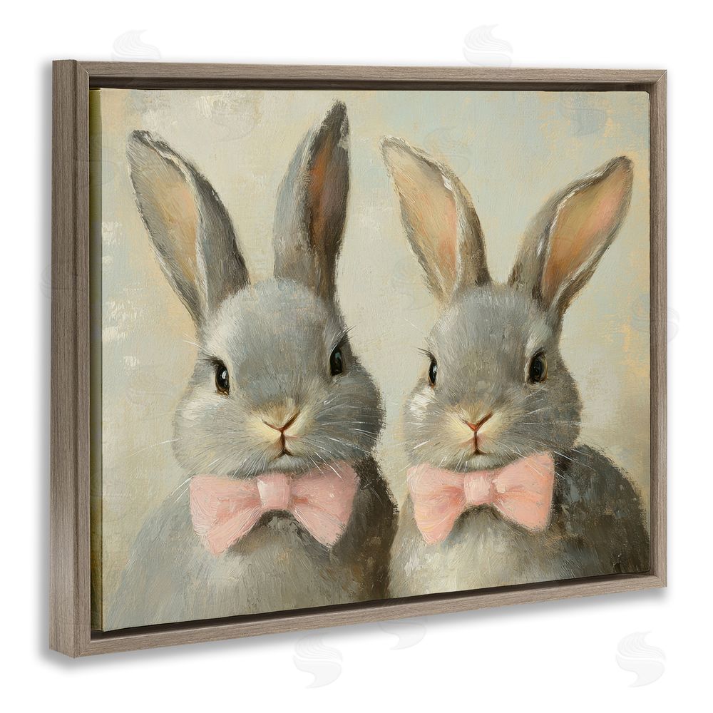Petal Prints Design Pink Bowtie Bunny Pair Brown Floating Frame Canvas Wall Art Print